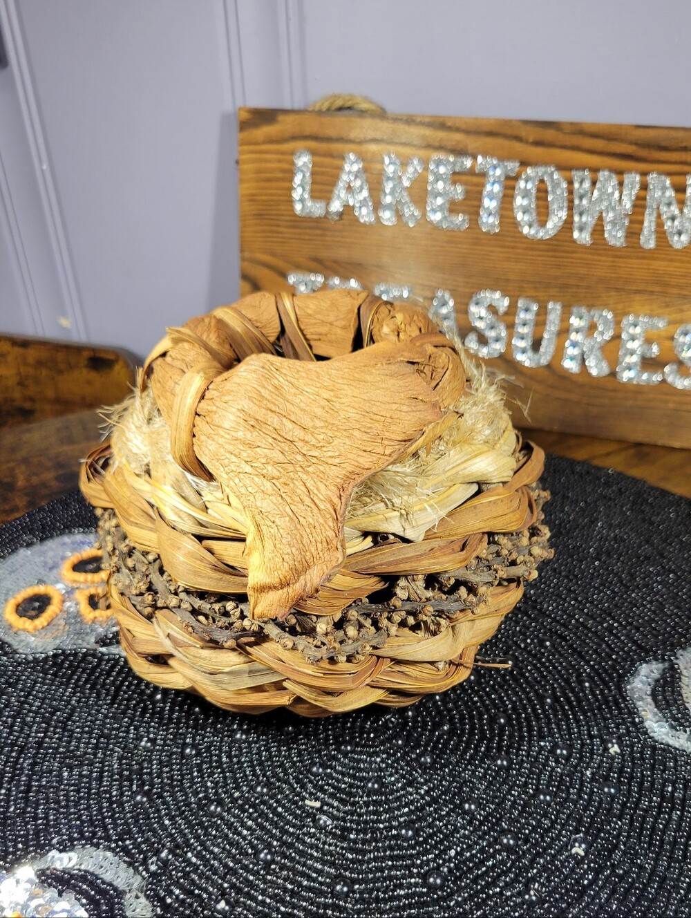 Vintage Handcrafted cocoseed basket Natural Woven -fiber artist